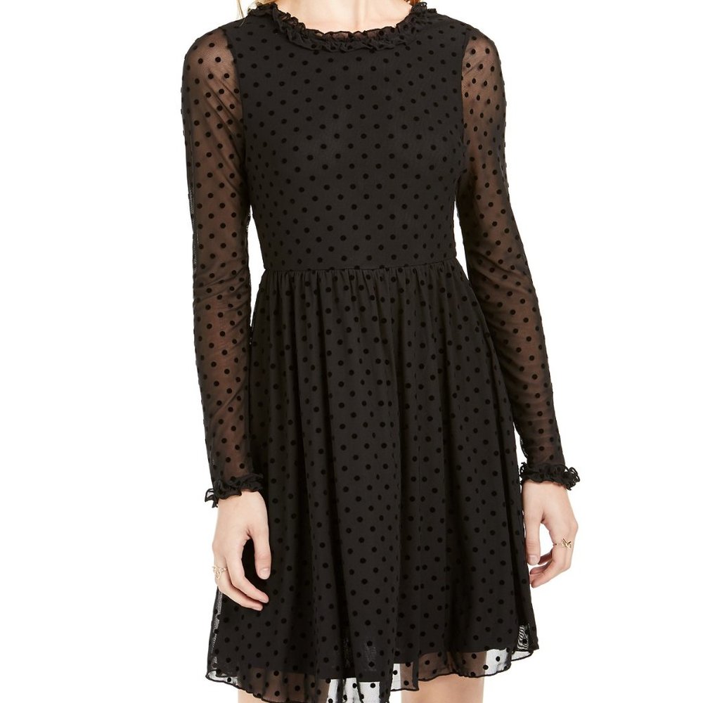 American Rag Black Polka Dot, Ruffles, Sheer Sleeves Dress